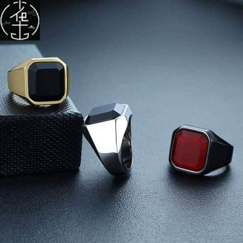Men rings stainless steel black agate rings steel color ring
