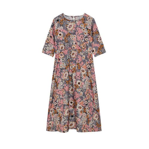 Printed MidLength Dress w Round Neck Mid Sleeves Relaxed Fit - 封面