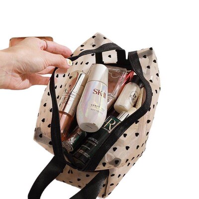 Velvet Mesh Cosmetic Bag with Heart Design, Portable and Com
