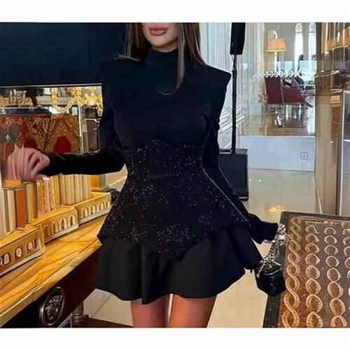 Fashion splicing sequins long sleeve round neck short skirt