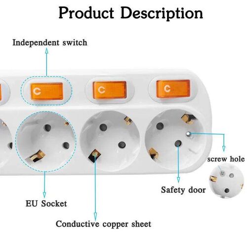 .Power Strip EU Plug Extension Socket 16A 250V 3/4/5/6Ways O