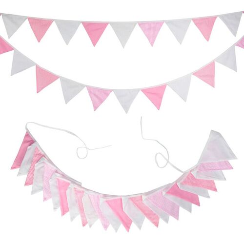 5.1M Pink Blue White Cotton Fabric Bunting 24 Pennant Flags