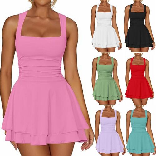 2025 Womens Square llar Waist Pleated Hem Mini Short Dress