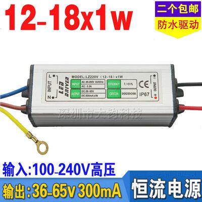12-18X1W大功率LED灯珠36-65V300MA恒流驱动电源220V防水整流器