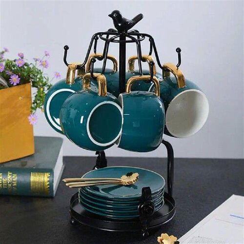 Tea Cup Holder with 6 Hooks Metal Cup Saucer Display Stand