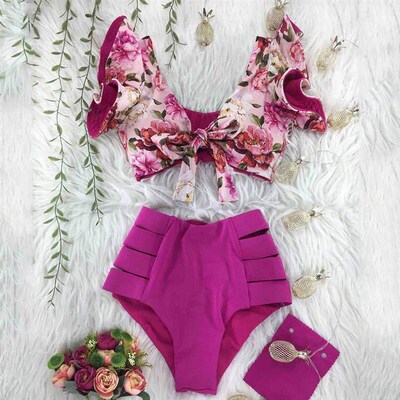 Two-Pieces Women Floral 2021 Push-Up Padded Bra Ruffles Band