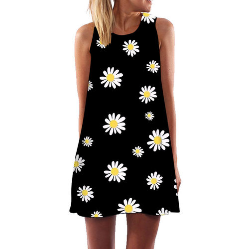 Woman Summer Dress Loose Sleeveless Sunflower Printed Mini
