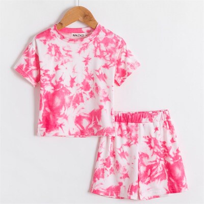Toddler Girls Summer Short Sleeve Clothes Set Colorful Tie D