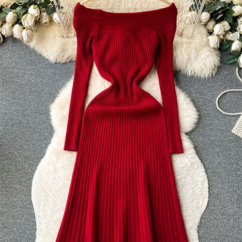 SINGREINY Off the Shoulder Knitted Long Dress Female Slash N
