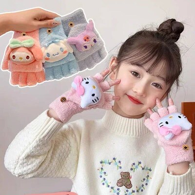 Winter Kids Knitted Flip Mittens Warm Half Finger Gloves for