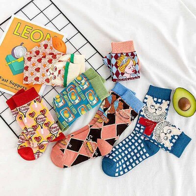 Cartoon Plaid WomenS Tube Socks Cute Japanese-Style WomenS