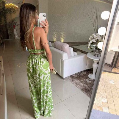Strap, deep neck, printed vest, elastic waist, long pants,