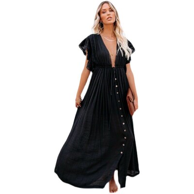 Independent Station Bamboo Cloth Button Waist Rope Long Skir