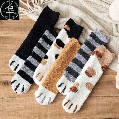 Autumn Winter Cat Claws Plush Coral Fleece Thick Socks 女袜