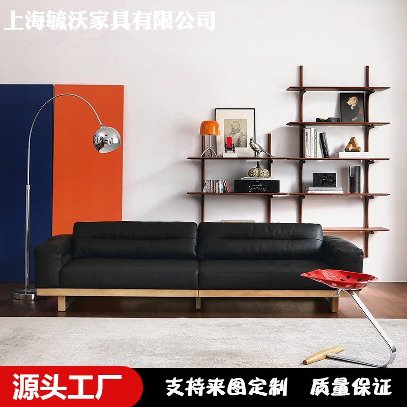 中古风设计师实木三人皮艺沙发法式复古黑色客厅别墅酒店沙发外贸