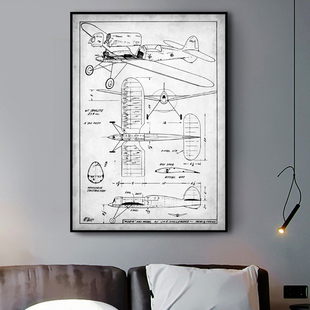 工业风飞机航空装饰画机械结构设计图酒吧咖啡厅壁画客厅玄关挂画