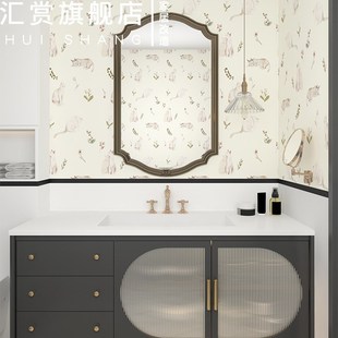 卫生间防水墙贴轻法式奶油风瓷砖贴纸浴室猫咪花砖厚墙纸自粘复古