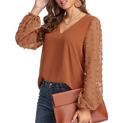 Solid Women Blouse 2022 Spring Fashion V Neck Long Sleeve El