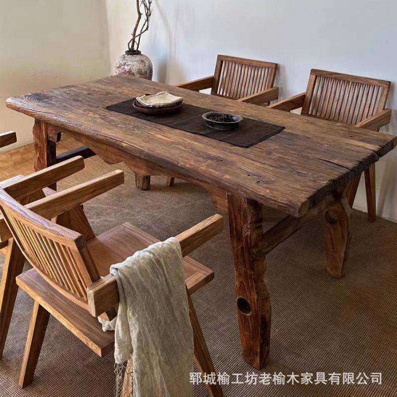 老榆木餐桌椅组合家用风化茶桌老门板长条桌民宿茶台实木办公桌