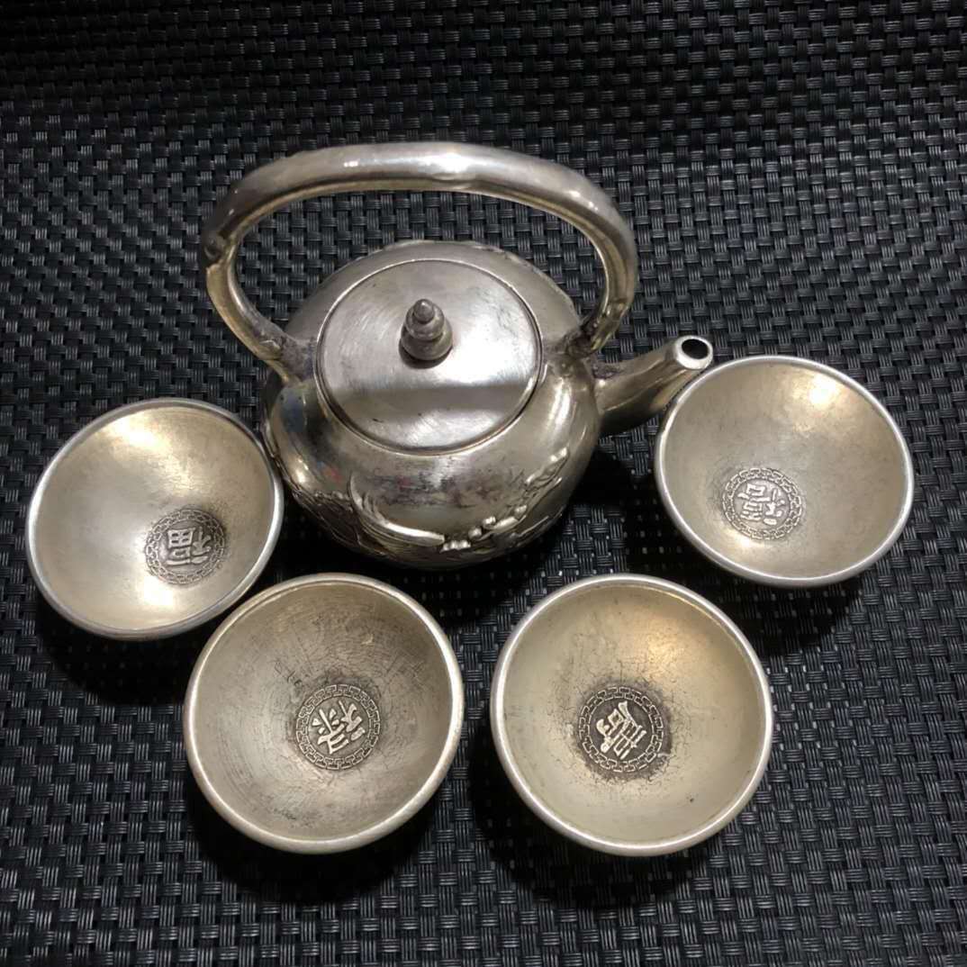 古玩杂件怀旧古玩老白铜镀银造茶杯茶壶一套