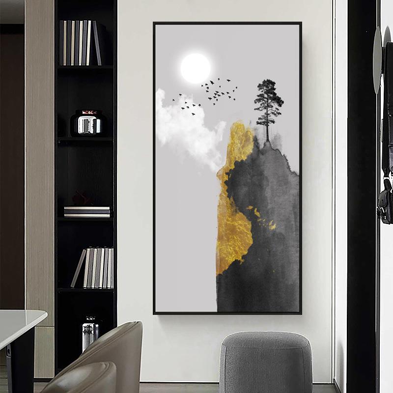 石墨之野新中式玄关装饰画轻奢风景黑白禅意山水走廊过道挂画壁画