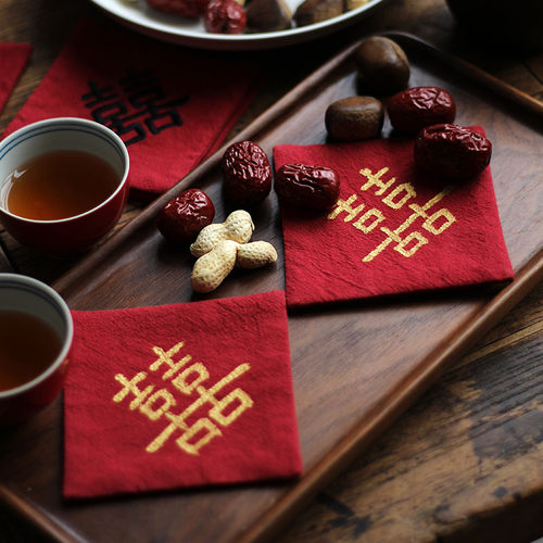 囍事临门喜字杯垫布艺结婚敬茶托盘 婚房装饰 婚庆拍摄影道具