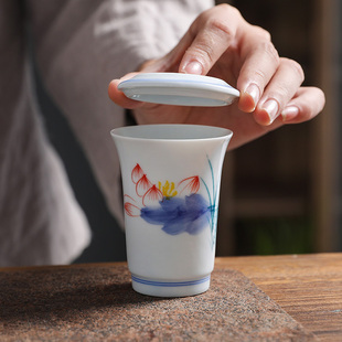 釉下彩手绘闻香杯带盖杯垫陶瓷茶杯主人杯哥窑品茗杯杯子水墨风