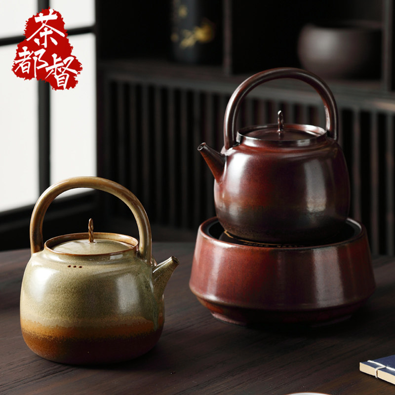 明德园 秋实砂铫提梁壶红泥柴烧釉烧煮水茶陶壶黑晶炉煮茶器套装