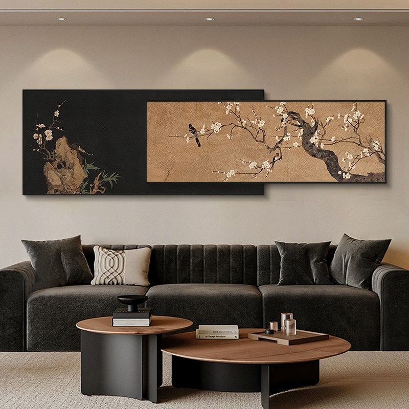 中古风客厅复古花鸟竹子装饰画卧室床头高级感横幅叠加组合挂画框