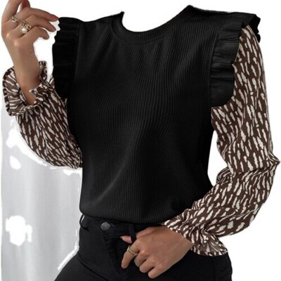 Autumn and winter long-sleeved round neck ruffled pit strip