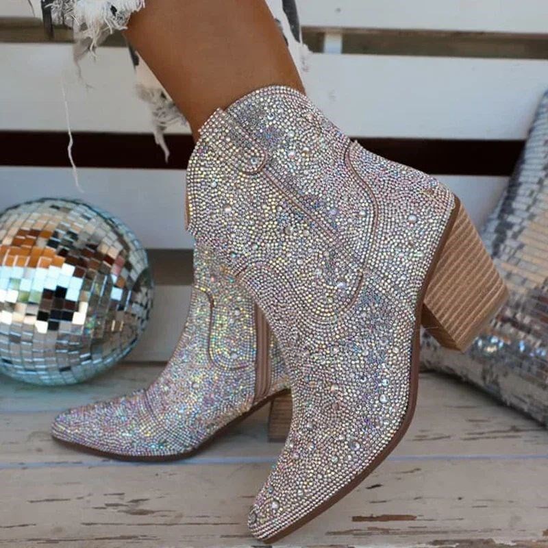Western Cowboy Boots Fashion Women Ankle Boots Glitter Bling图片