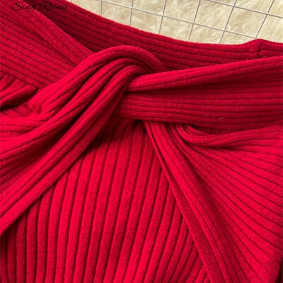 SINGREINY Off the Shoulder Knitted Long Dress Female Slash N