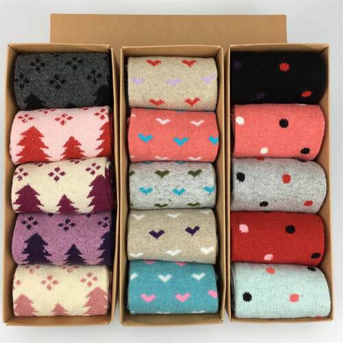 New winter wool socks Girl warm Sock 5双菱格耶诞爱心厚袜女