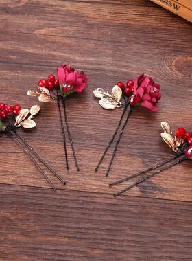 red flower bridal hair pin fabric artistic hair pin headdres