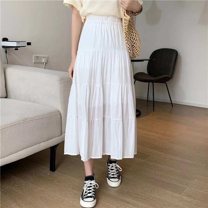 Spring Summer Women Chiffon Skirts Vintage High Waist Elasti图片
