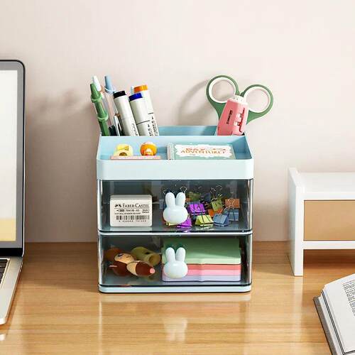 1PC 2-layer Cartoon Creative Pen Holder Transparent Drawer R