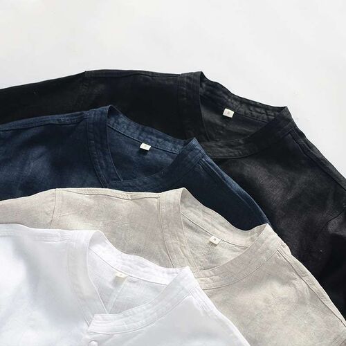 Linen Mens Chinese Style Collar Linen Shirt Casual Button L