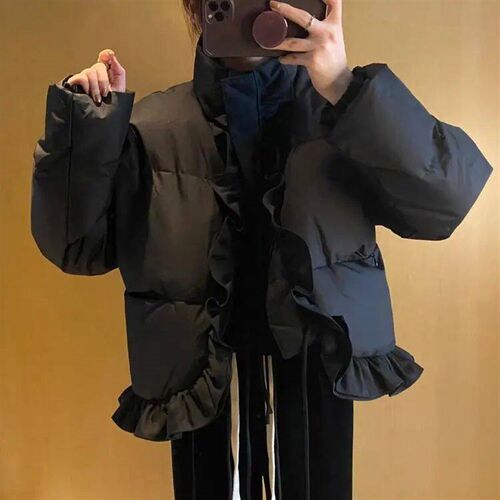 Biyaby Black Short Long Sleeve Parka Women 2023 Winter Ruffl