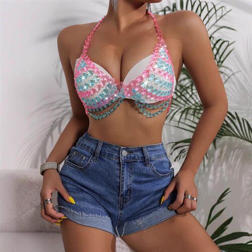 Hollow out shiny crystal splicing neck hanging vest