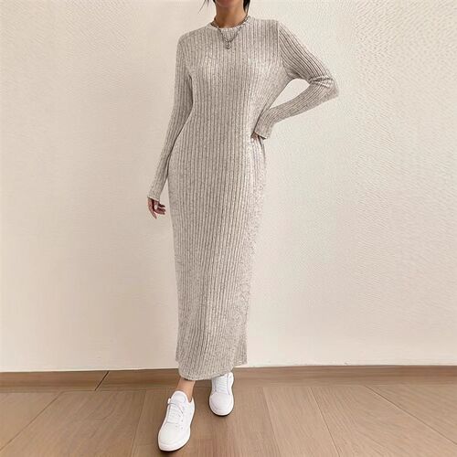 Dress Casual Round Neck Knitted Long Skirt Women Long Sleeve