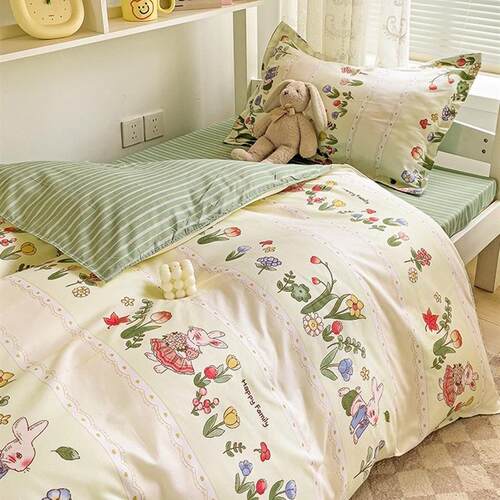 Three piece single sheet set on the bed of college dormitory