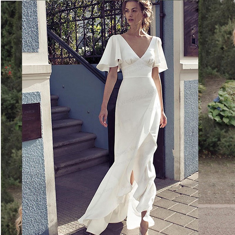 Boho Wedding Dress Simple Beach Summer Short Sleeve V-Neck C图片