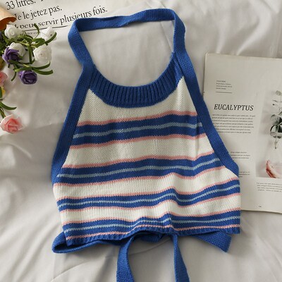 HELIAR Women Striped Backless Halter Tops Women Knitted Crop