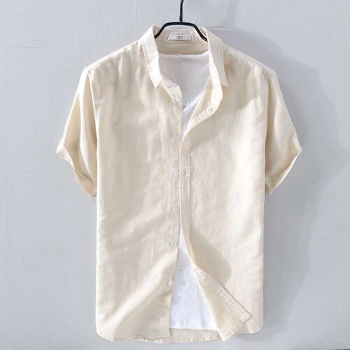 Mens Summer Cotton Linen Short-sleeved Shirt Lapel Casual Y