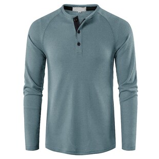 Mens Tshirts Henley Longsleeved Solid Color Tops for Autumn