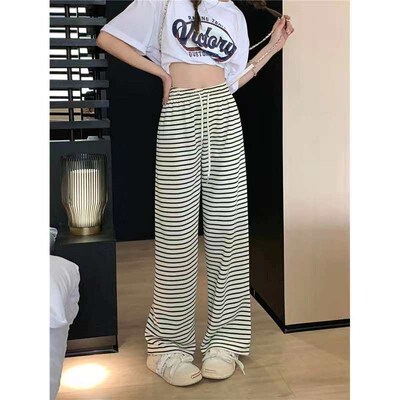 Spring nd summer new figure-flttering striped wide-leg pnts,