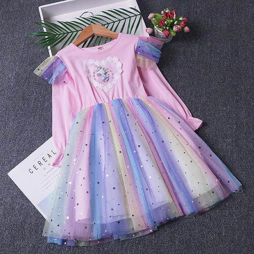 Unicorn Princess Dress Autumn Girls Rainbow Star Birthday We