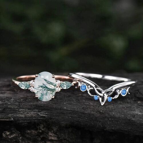 Two Tone Oval Cut Handmade Moss Agate Ring for Women Girl re