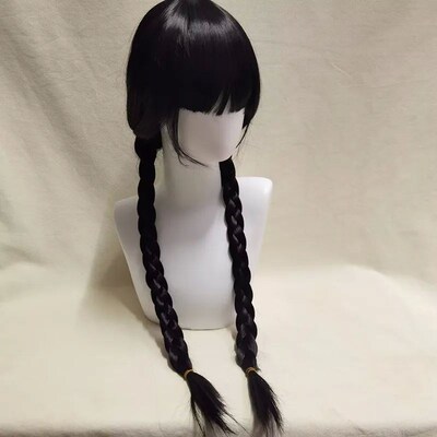 Wednesday Addams Cosplay Wig Long Black Braids Hair Heat Res