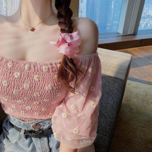 New Fashion Women Daisy Embroidery Blouse Mesh Puff Sleeve O